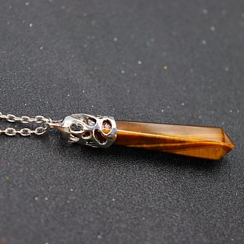 Natural Tiger Eye Faceted Bullet Point Pendant Necklaces, Bullet Head, Alloy Cable Chain Necklaces, Platinum, 15.75 inch(40cm)