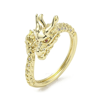 Dragon Brass with Cubic Zirconia Open Cuff Ring, Real 14K Gold Plated, Inner Diameter: 17.6mm