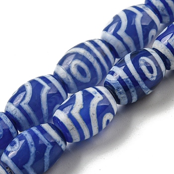 Blue Tibetan Style dZi Beads Strands, Dyed Natural Agate Beads Strands, Rice, Eye, 13.5~14x10~10.5mm, Hole: 1mm, about 25pcs/strand, 13.58 inch(34.5cm)