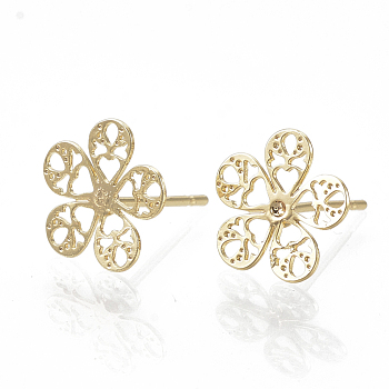 Brass Ear Studs, Flower, Nickel Free, Real 18K Gold Plated, 10.5x10.5mm, Pin: 0.7mm