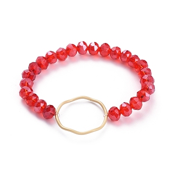Faceted Rondelle Glass Beads Stretch Bracelets, with Matte Gold Plated Alloy Linking Ring, Red, 2-1/8 inch(5.5cm)