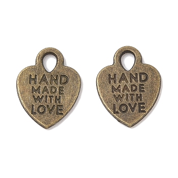 Tibetan Style Alloy Heart Charms, with Phrase Hand Made with Love, Cadmium Free & Nickel Free & Lead Free, Antique Bronze, 15x12x1mm, Hole: 2.5mm, about 1333pcs/1000g