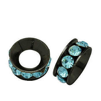 Brass Rhinestone Spacer Beads, Grade A, Rondelle, Gunmetal, Aquamarine, about 9mm in diameter, 4mm thick, hole: 4mm