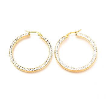 304 Stainless Steel Hoop Earrings, with Polymer Clay Rhinestones, Flat Ring Shape, Golden, 37x35x2.7mm, Pin: 0.7mm