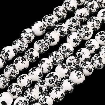 Floral Printed Porcelain Beads, Flower Patterned Ceramic Round Beads, Black, 6mm, Hole: 2mm, about 60pcs/strand, 12.5~13.58 inch