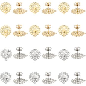 304 Stainless Steel Stud Earring Findings, with Loop, Flower, Golden & Stainless Steel Color, 16x14mm, Hole: 1mm, Pin: 0.7mm, 24pcs/box