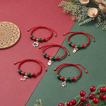 5Pcs 5 Styles Adjustable Red Green Round Wood Braided Bead Bracelet Sets, Christmas Alloy Enamel Charm Stackable Bracelets for Women, Mixed Shapes, Inner Diameter: 2-1/8~3-3/8 inch(5.5~8.5cm), 1pc/style