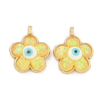 Translucent Evil Eye Resin Pendants, Rack Plating Brass Flower Charms with Gold Foil, Real 18K Gold Plated, Long-Lasting Plated, Cadmium Free & Lead Free, Yellow, 17x14x5.5mm, Hole: 1.5mm