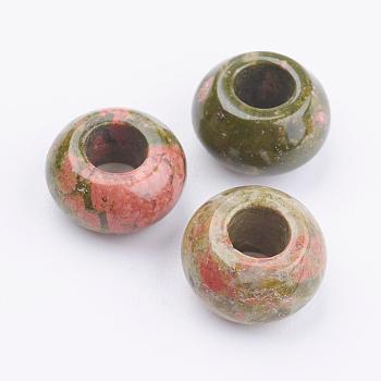 Natural Unakite European Beads, Large Hole Beads, Rondelle, 12x6~7mm, Hole: 5mm