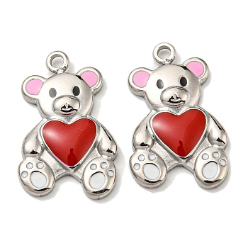 304 Stainless Steel Enamel Pendants, Bear with Heart Charm, Stainless Steel Color, 18x12x2.5mm, Hole: 1.5mm