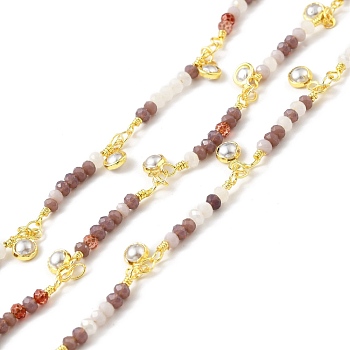 Handmade Round Glass Beaded Chain, with Gold Plated Brass Chains and CCB Pearl Charms, Long-Lasting Plated, Soldered, with Spool, Indian Red, 25x3mm