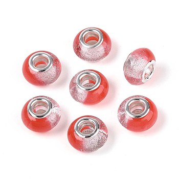 Transparent Resin Rondelle European Beads, with Glitter Powder & Platinum Tone Brass Cores, Large Hole Beads, Tomato, 14x9mm, Hole: 5mm
