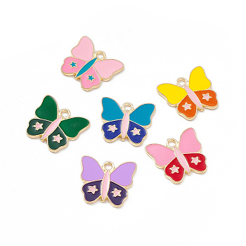 Alloy Enamel Pendants, Butterfly with Star Charm, Light Gold, Mixed Color, 15.5x17x1.5mm, Hole: 1.6mm