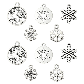50Pcs 5 Styles Tibetan Style Alloy Charms, Snowflake, Antique Silver, 13~19x10.8~16x1.2~1.5mm, Hole: 1.2~2.2mm, 10pcs/style