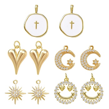 10Pcs 5 Style Brass Pendants, with Enamel & Cubic Zirconia, Flat Round & Moon & Sun & Round, Mixed Color, 2pcs/style