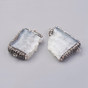 Natural Druzy Quartz Crystal Links Connectors, Rock Crystal, with Polymer Clay Rhinestone and Brass Findings, Rectangle, Platinum, 37~40x23~28x7.5~9mm, Hole: 2mm