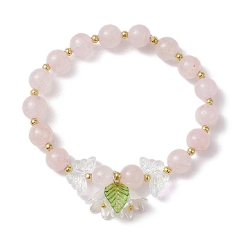 Butterfly Natural Rose Quartz Stretch Bracelets, with Acrylic Flower Charms, Inner Diameter: 2 inch(5cm)