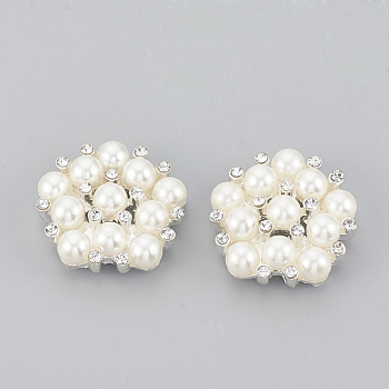 Alloy Rhinestone Flat Back Cabochons, with ABS Plastic Imitation Pearl, Flower, Silver Color Plated, 21x21.5x7mm