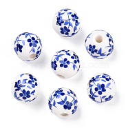 Handmade Porcelain Beads, Blue and White Porcelain, Round with Flower, Blue, 8mm, Hole: 1.8mm(PORC-E021-02B)