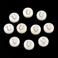 Natural Freshwater Shell Beads, with Golden Plated Brass Etched Metal Embellishments, Flat Round with Letter, Letter U, 7.5~8x4~5mm, Hole: 0.8mm(SHEL-N036-01U)