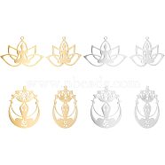 8Pcs 4 Styles 201 Stainless Steel Pendants, Buddhist Theme, Laser Cut, Hollow, Buddha & Lotus, Golden & Stainless Steel Color, 25~43x32~36.5x1mm, Hole: 1.6mm, 2pcs/style(STAS-UN0033-89)