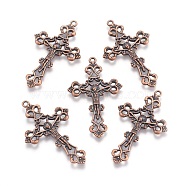 Tibetan Style Alloy Pendants, For Easter, Crucifix Cross Pendant, Red Copper, Lead Free and Cadmium Free and Nickel Free, 43.5x26x3mm, Hole: 2mm(X-RLF1299Y-NF)