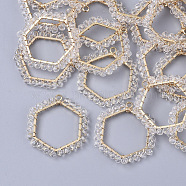 Glass Beads Pendants, with Golden Plated Brass Wires and Open Back Bezel, Hexagon, Clear, 27x25x3mm, Hole: 1.8mm(FIND-S306-21B)