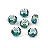 Transparent Glass European Beads, Large Hole Beads, with Brass Cores, AB Color Plated, Faceted, Rondelle, Teal, 13.5~14x9~9.5mm, Hole: 5mm(GPDL-N004-D14mm-A10)