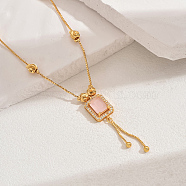 Fashionable Vintage Brass & Glass Tassel Rectangle Pendant Necklaces for Women, Real 18K Gold Plated, Pink, 17.52 inch(44.5cm)(WB8408-5)