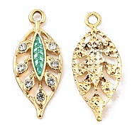 Zinc Alloy Pendants, with Enamel and Rhinestone, Golden, Hollow, Leaf Charm, Turquoise, 24.5x10.5x2.2mm, Hole: 1.8mm(FIND-C035-02G-03)