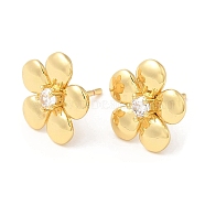 Brass Flower Stud Earrings with Clear Cubic Zirconia, Lead Free & Cadmium Free, Real 18K Gold Plated, 13x13.5mm(EJEW-Q770-10G)