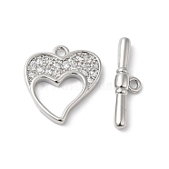 Brass Micro Pave Clear Cubic Zirconia Toggle Clasps, Heart, Real Platinum Plated, Heart: 16x14x2mm, Hole: 1.4mm, Bar: 18.5x5x3mm, Hole: 1.4mm(KK-P234-61P)