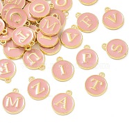 Golden Plated Alloy Enamel Charms, Enamelled Sequins, Flat Round with Random Mixed Letters, Pink, 14x12x2mm,Hole:1.50mm(ENAM-S118-07-M)