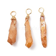 Electroplated Raw Rough Natural Quartz Crystal Copper Wire Wrapped Pendants, Copper Plated Teardrop Charms, Light Gold, 28.5~35x7~12x4.5~7.5mm, Hole: 3.5mm(PALLOY-JF02410-01)