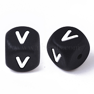 Food Grade Eco-Friendly Silicone Beads, Horizontal Hole, Chewing Beads For Teethers, DIY Nursing Necklaces Making, Cube, Black, Letter.V, 12x12x12mm, Hole: 2mm(SIL-T055-V)