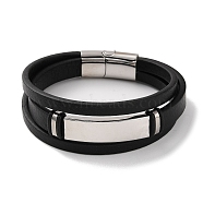 Men's Braided Black PU Leather Cord Multi-Strand Bracelets, Rectangle 304 Stainless Steel Link Bracelets with Magnetic Clasps, Stainless Steel Color, 8-1/2 inch(21.7cm)(BJEW-K243-06P)