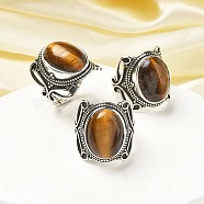 Natural Tiger Eye Adjustable Rings, Lead Free & Cadmium Free, Antique Silver Plated Brass Finger Rings for Women, Oval, 20.5mm, Inner Diameter: 17mm(RJEW-I108-02AS-07)