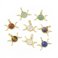 Natural Mixed Gemstone Pendants, Triple Moon Charms, with Golden Tone Rack Plating Brass Findings, Cadmium Free & Lead Free, Mixed Dyed and Undyed, 15x26x7mm, Hole: 6.5x4mm(G-H283-02)