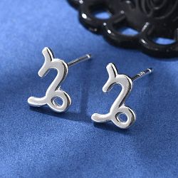 S925 Sterling Silver Stud Earrings, Silver, Twelve Constellations, Capricorn, 8.5x6mm(EJEW-K303-01S-10)