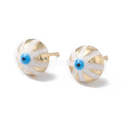 Enamel Half Round with Evil Eye Stud Earrings, Real 18K Gold Plated Brass Jewelry for Women, White, 6x10x6mm, Pin: 1mm(EJEW-A093-05G-09)