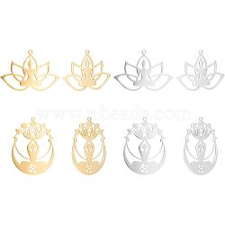 Unicraftale 8Pcs 4 Styles 201 Stainless Steel Pendants, Buddhist Theme, Laser Cut, Hollow, Buddha & Lotus, Golden & Stainless Steel Color, 25~43x32~36.5x1mm, Hole: 1.6mm, 2pcs/style(STAS-UN0033-89)