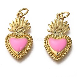 Golden Tone Brass Enamel Pendants, with Jump Rings, Long-Lasting Plated, Heart, Pearl Pink, 22x12x3mm, Hole: 3.5mm(KK-K750-01G-C)