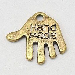Tibetan Style Alloy Charms, Cadmium Free & Lead Free, Hand Palm with Word Hand Made, Antique Golden, 12.5x13x1mm, Hole: 1mm(K095I031)
