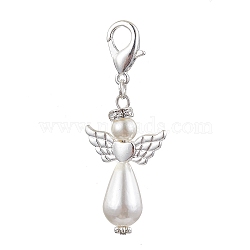 10Pcs Glass Pearl Pendant Decorations, with Alloy Findings, Angel, Platinum, 52mm(HJEW-JM01693-10A)