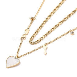 Double Chains Multi Layered Necklaces with Resin Shell Heart and Crystal Rhinestone Charms, Ion Plating(IP) 304 Stainless Steel Jewelry for Women, Golden, 15.16 inch(38.5cm)(NJEW-D296-12G)