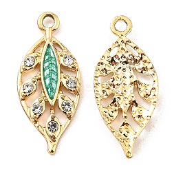 Zinc Alloy Pendants, with Enamel and Rhinestone, Golden, Hollow, Leaf Charm, Turquoise, 24.5x10.5x2.2mm, Hole: 1.8mm(FIND-C035-02G-03)