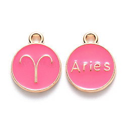 Alloy Enamel Pendants, Cadmium Free & Lead Free, Flat Round with Constellation, Light Gold, Cerise, Aries, 15x12x2mm, Hole: 1.5mm(X-ENAM-S124-01B-03A)