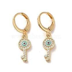 Key with Evil Eye Real 18K Gold Plated Brass Dangle Leverback Earrings, with Enamel and Cubic Zirconia, Turquoise, 29.5x7mm(EJEW-Q797-03G-03)