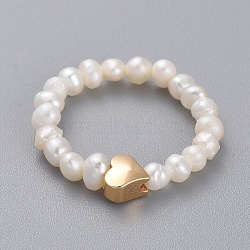 Stretch Natural Cultured Freshwater Pearl Finger Rings, with Brass Beads and Elastic Crystal Thread, Heart, Real 18K Gold Plated, Size 7, 17mm(RJEW-JR00296-02)