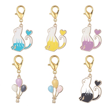 6Pcs Alloy Enamel Pendant Decoration, with Zinc Alloy Lobster Claw Clasps, Cat/Balloon, Mixed Color, 39~43mm, 1pc/style